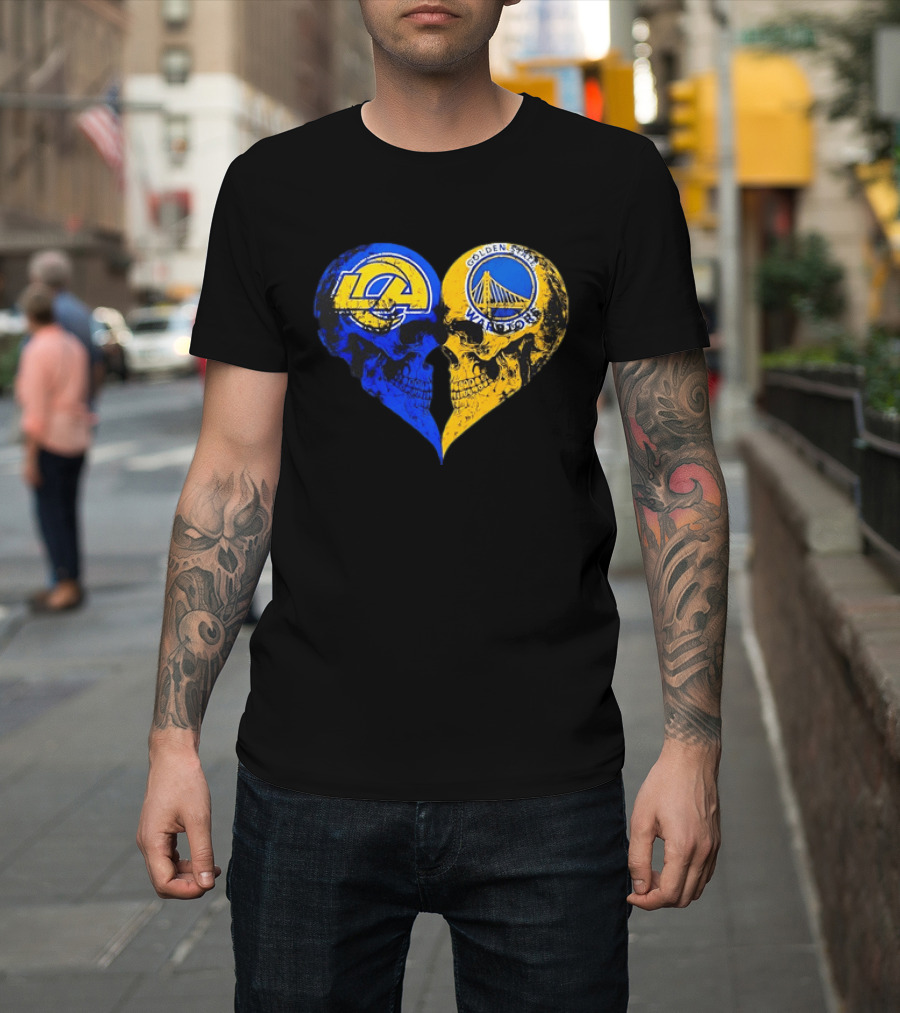 Los Angeles Rams Golden State Warriors Heart Shaped Skulls Distressed T-Shirt