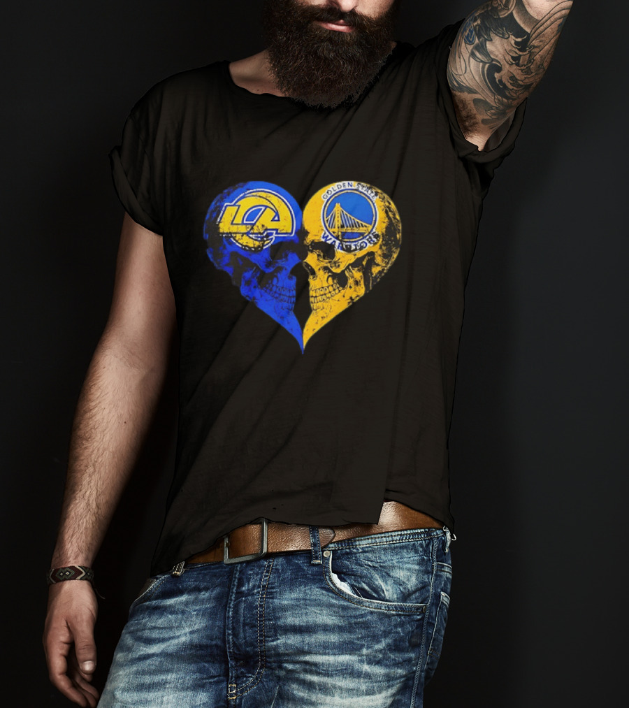 Los Angeles Rams Golden State Warriors Heart Shaped Skulls Distressed T-Shirt