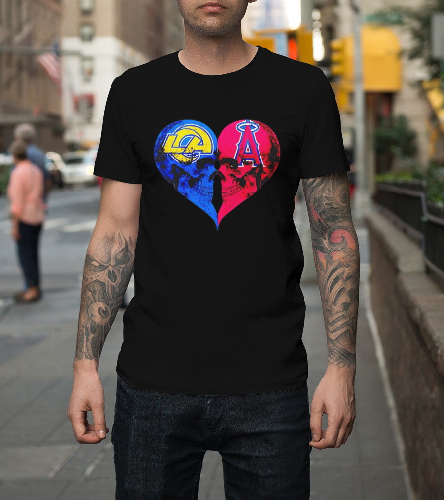Los Angeles Rams Vs Los Angeles Angels Skulls Heart Face To Face Distressed T-Shirt