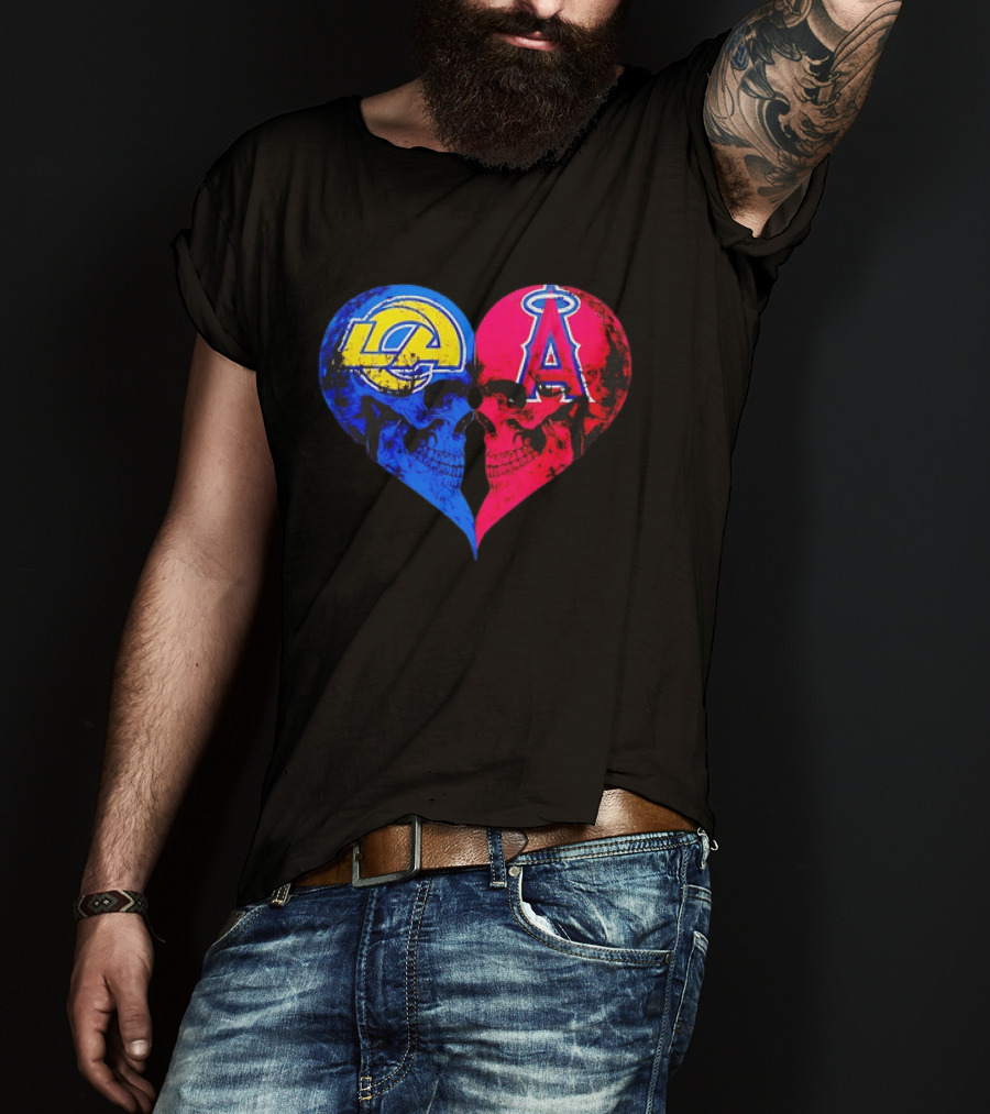 Los Angeles Rams Vs Los Angeles Angels Skulls Heart Face To Face Distressed T-Shirt