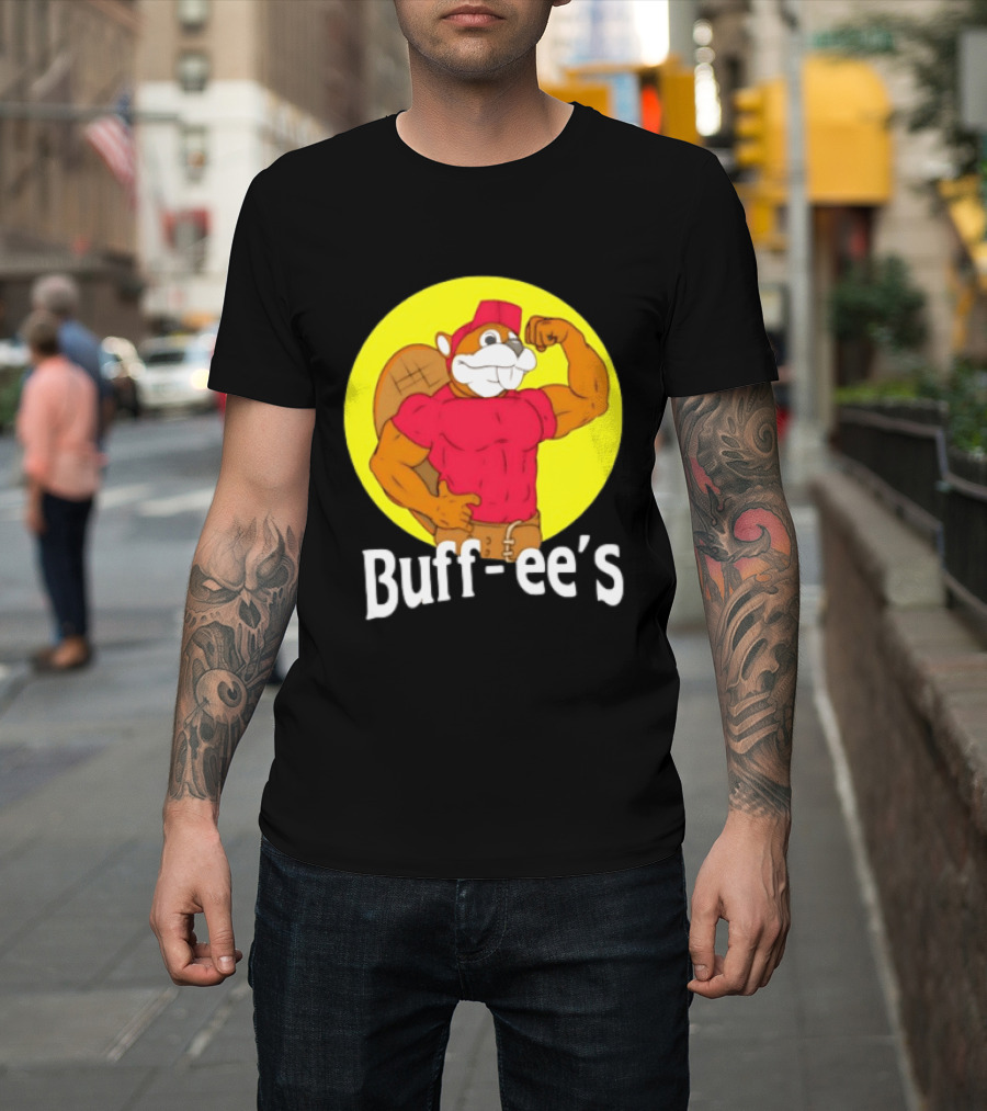 Buff Ee's Strong Muscular Beaver Character In Red Outfit T-Shirt