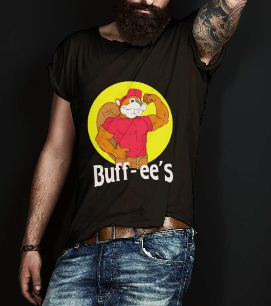 Buff Ee's Strong Muscular Beaver Character In Red Outfit T-Shirt