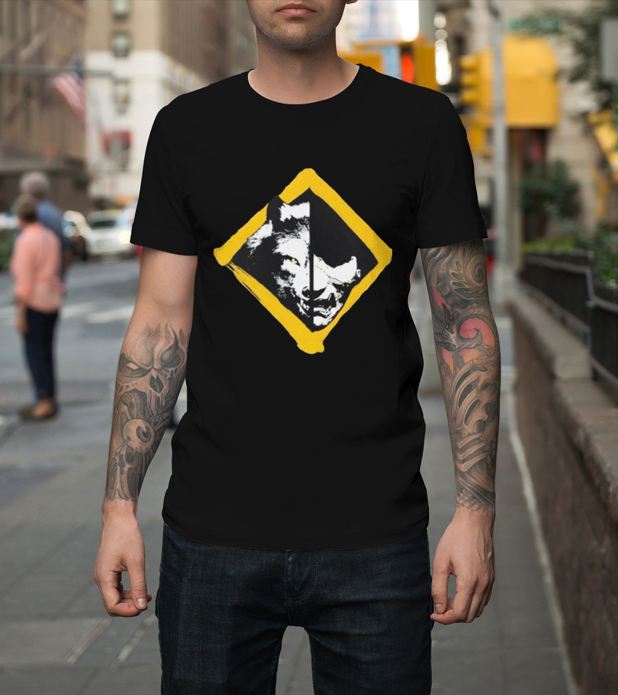 Wolf And Boar Split Face Diamond Yellow Border T-Shirt