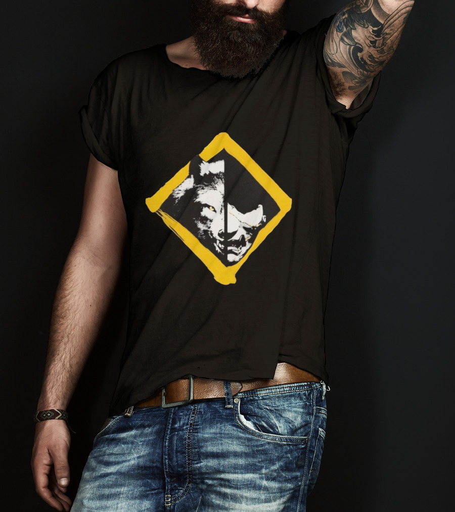 Wolf And Boar Split Face Diamond Yellow Border T-Shirt