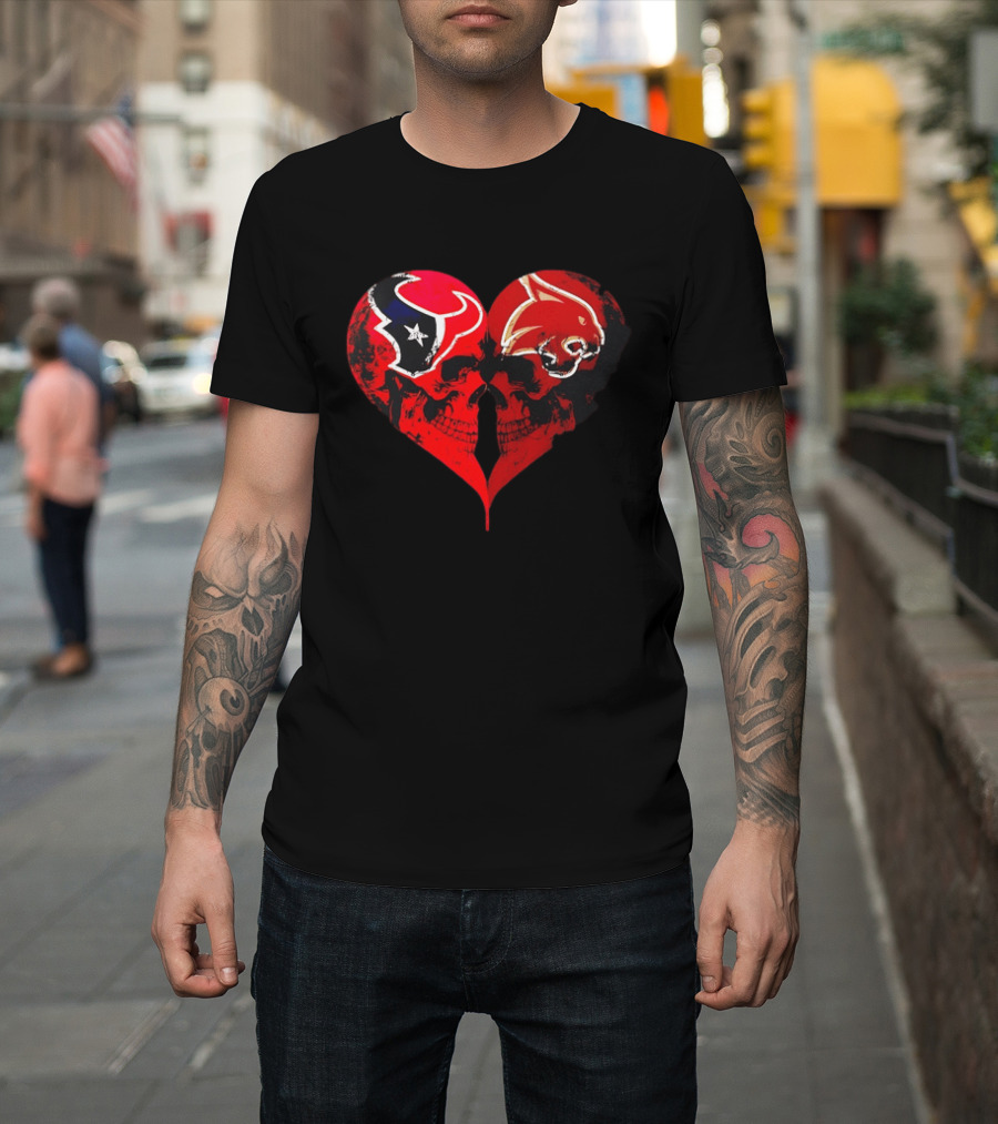 Houston Texans And Tampa Bay Buccaneers Skulls Heart Shape Distressed T-Shirt