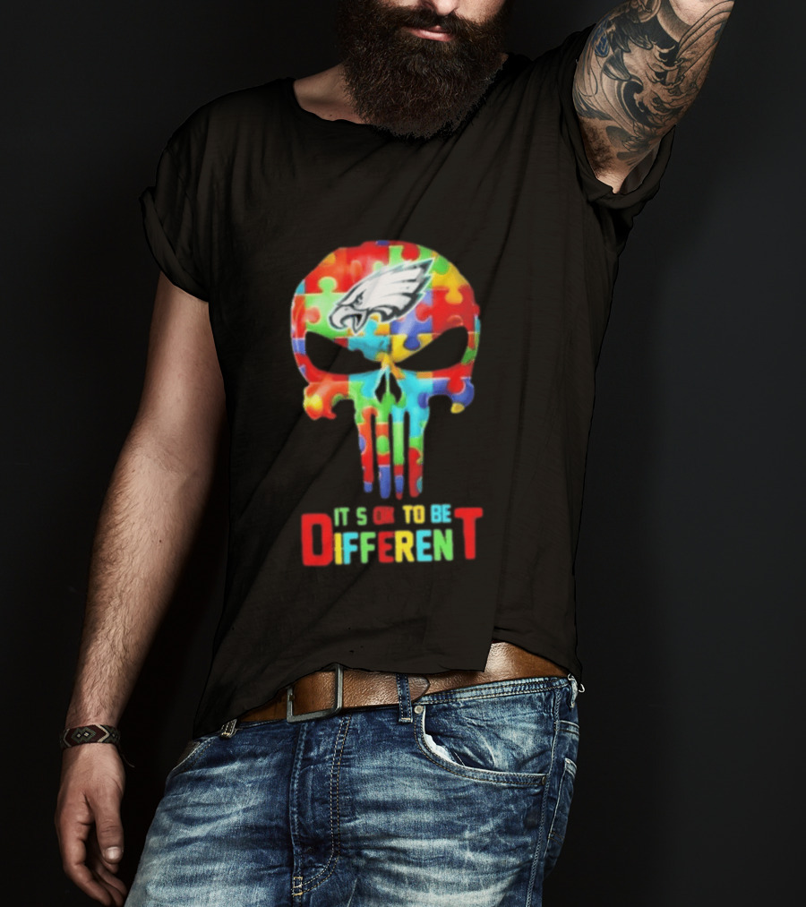 Philadelphia Eagles Skull Puzzle Autism Awareness It's Ok To Be Different T-Shirt