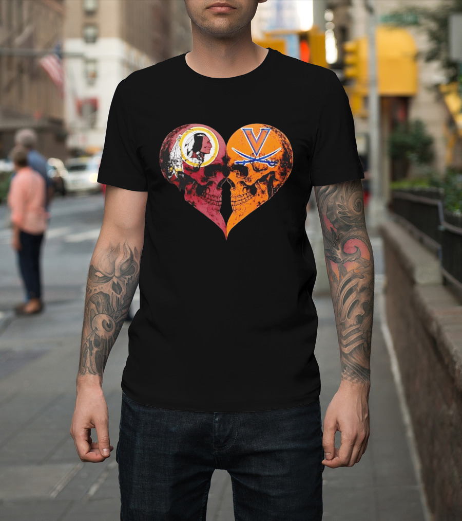 Washington Redskins Virginia Cavaliers Skulls Face To Face Heart Shape Distressed T-Shirt