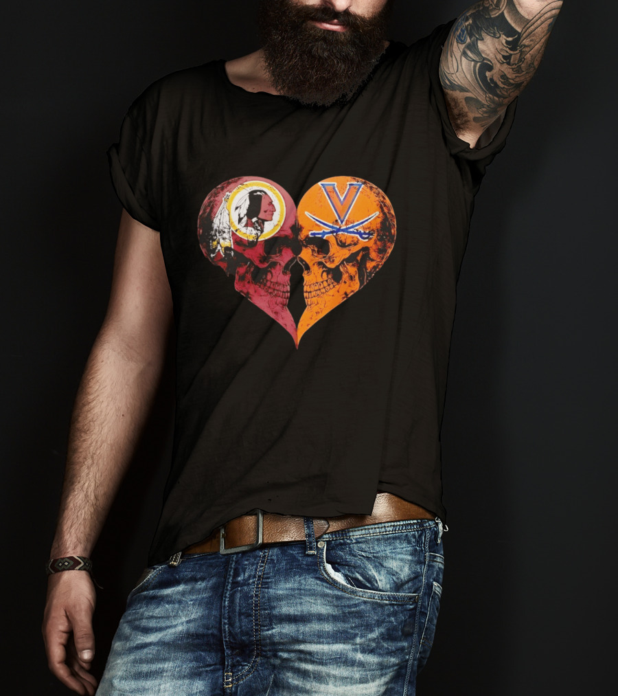 Washington Redskins Virginia Cavaliers Skulls Face To Face Heart Shape Distressed T-Shirt