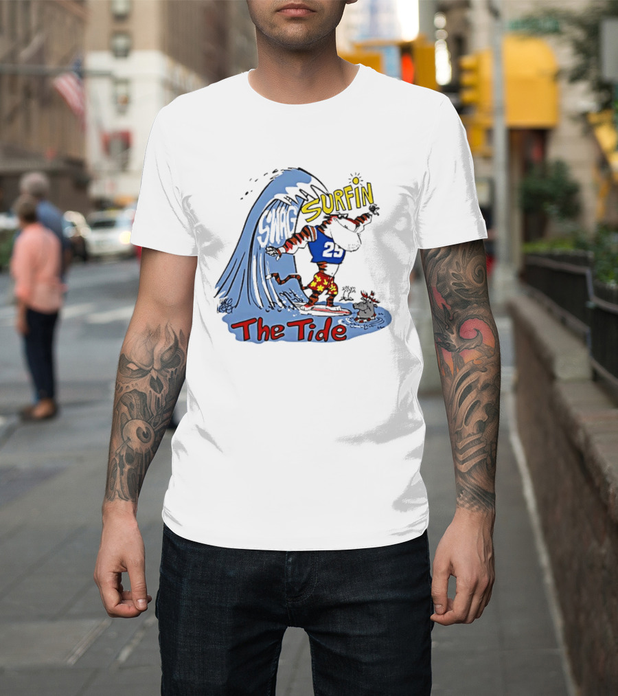 Classic Alabama Gameday Surfin The Tide Tiger In Red Flower Shorts Riding Wave T-Shirt