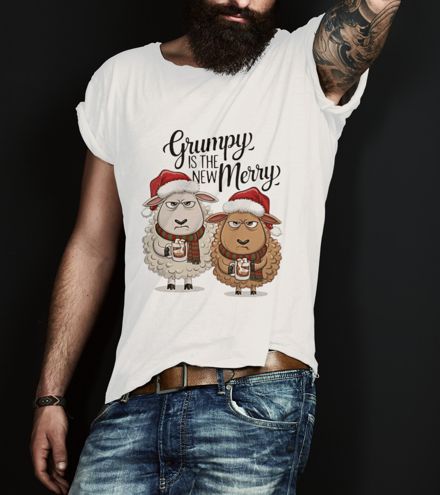 Grumpy Is The New Merry Christmas Sheep Santa Hat Holiday Humor T-Shirt