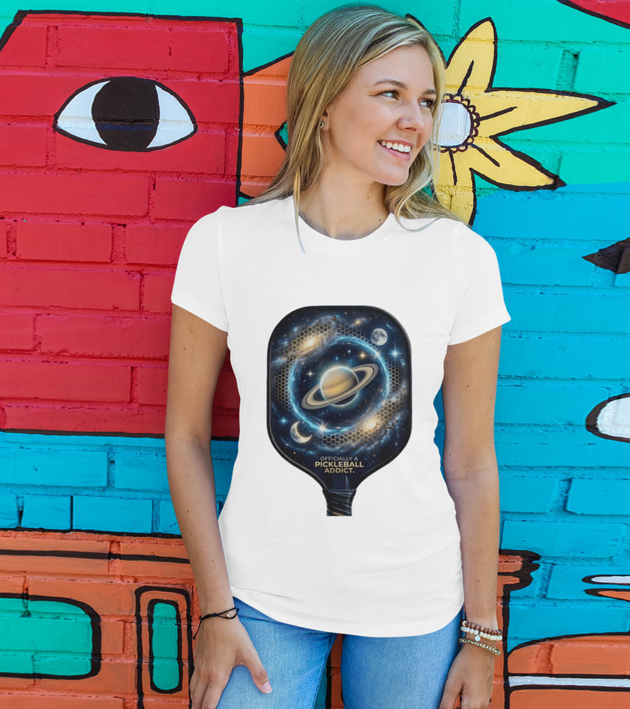 Officially A Pickleball Addict Galaxy Space Planets Saturn Stars T-Shirt