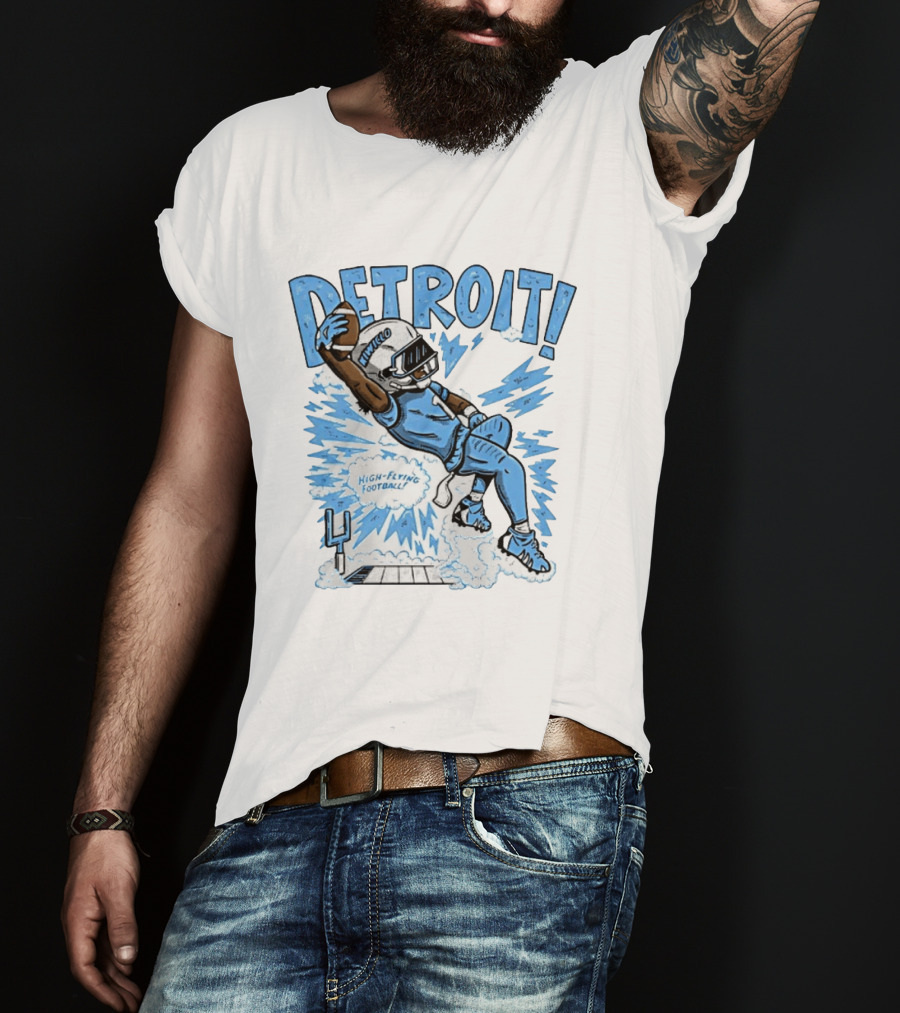 Detroit Lions High Flying Football Dynamic Catch Comic T-Shirt