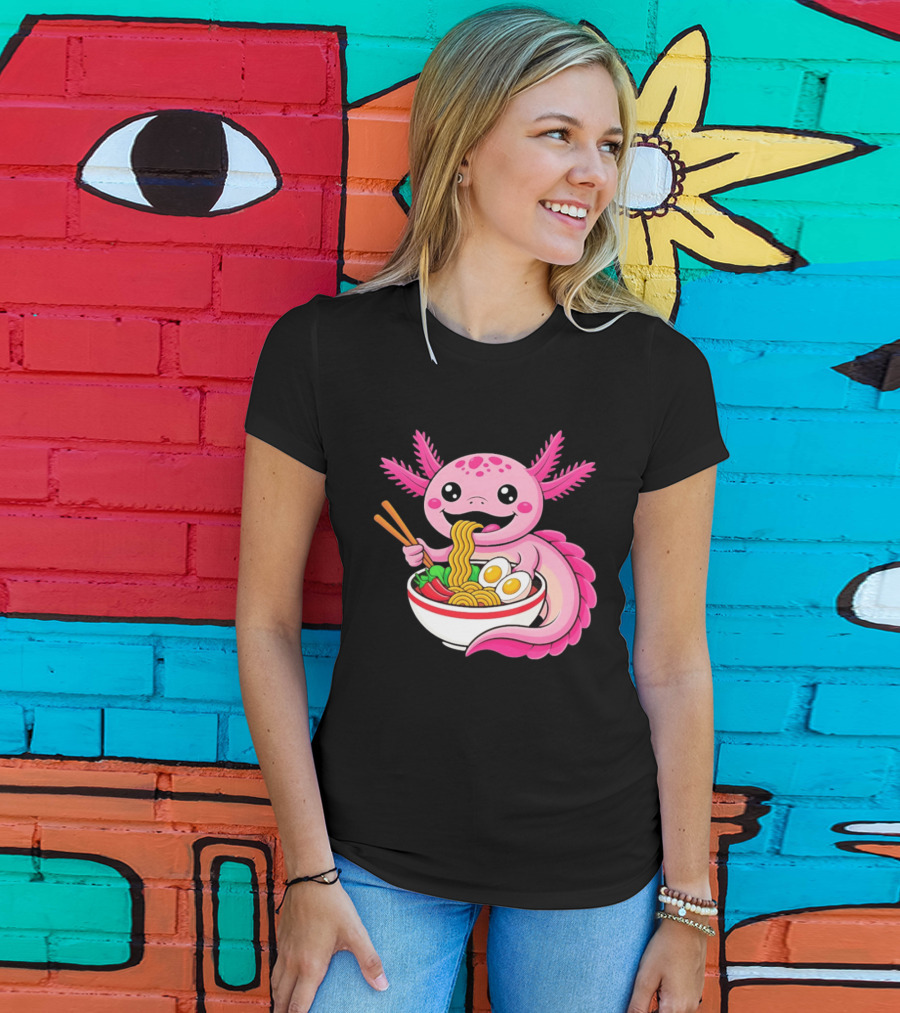 Axolotl Eating Ramen Kawaii Style With Chopsticks And Eggs T-Shirt