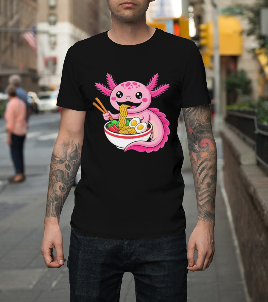 Axolotl Eating Ramen Kawaii Style With Chopsticks And Eggs T-Shirt