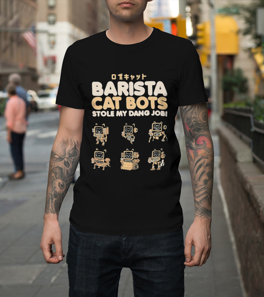 Barista Cat Bots Stole My Dang Job Retro Robot Cats Japanese T-Shirt