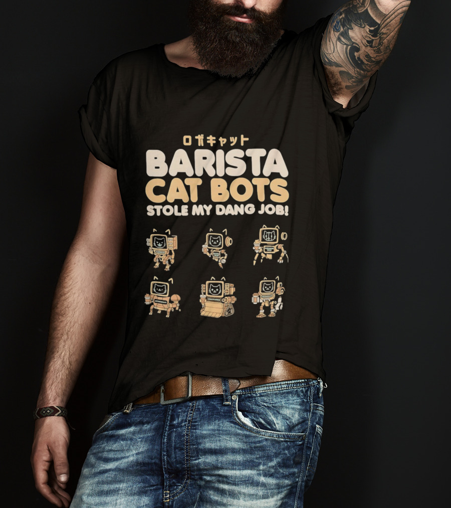 Barista Cat Bots Stole My Dang Job Retro Robot Cats Japanese T-Shirt