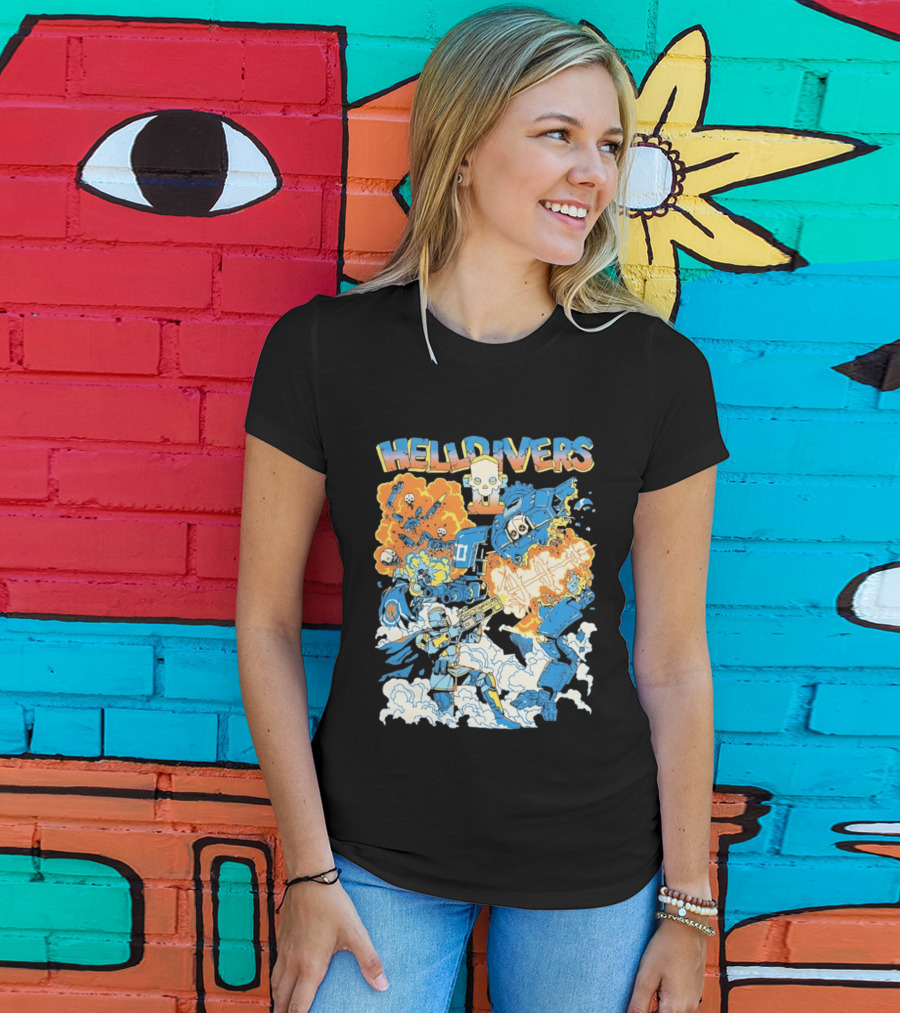 Helldivers Comic Style Explosive Battle Scene Skulls Robots Flames T-Shirt