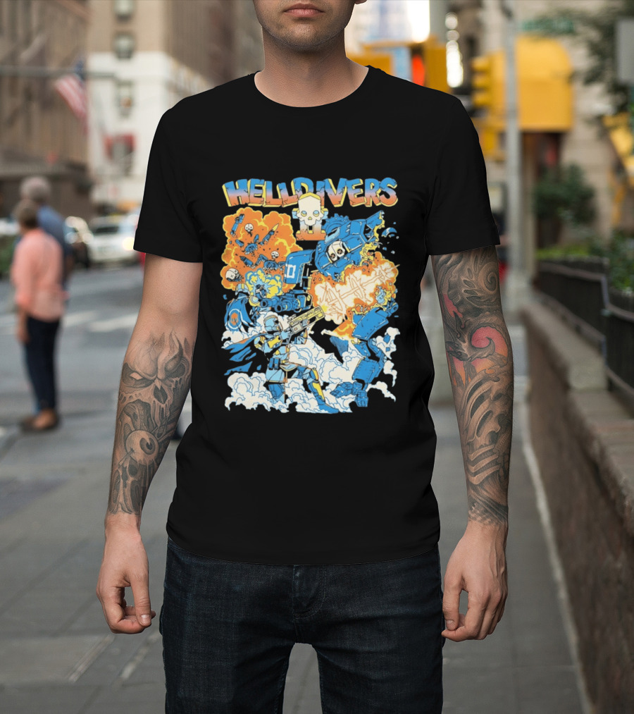 Helldivers Comic Style Explosive Battle Scene Skulls Robots Flames T-Shirt