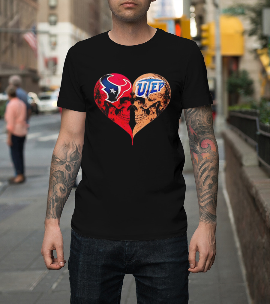 Houston Texans UTEP Miners Skulls Heart Shape Face To Face T-Shirt