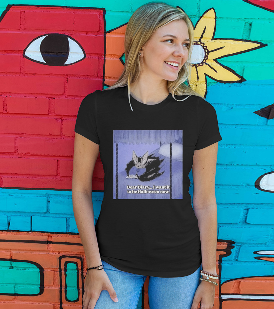 Dear Diary I Want It To Be Halloween Now Bat Creature Bed Scene T-Shirt