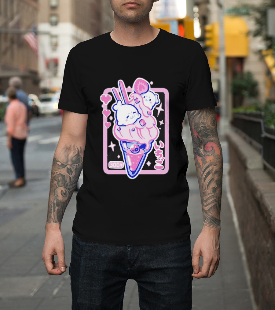 Kawaii Strawberry Ice Cream With Seals And 300 Yen Cute Hearts T-Shirt