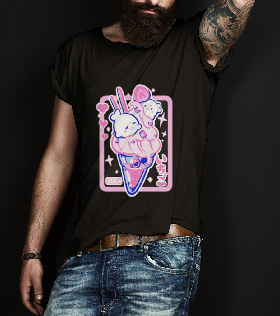 Kawaii Strawberry Ice Cream With Seals And 300 Yen Cute Hearts T-Shirt