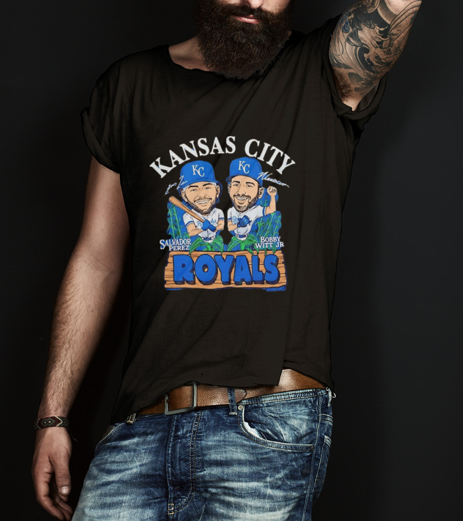 Kansas City Royals Salvador Perez Bobby Witt Jr Cartoon Baseball T-Shirt
