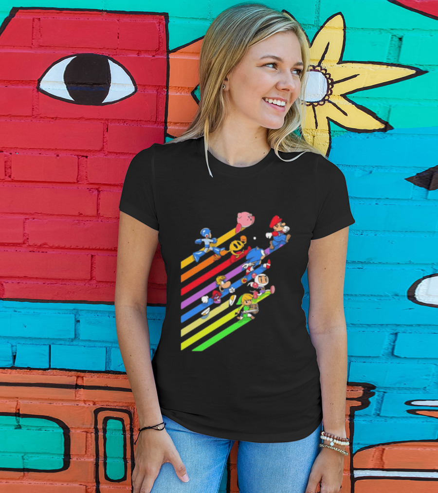 Legends Gaming Mario Pac Man Mega Man Sonic Link Kirby Bomberman Rayman Characters T-Shirt