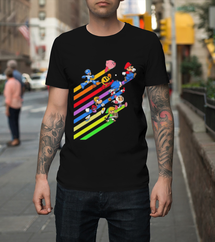 Legends Gaming Mario Pac Man Mega Man Sonic Link Kirby Bomberman Rayman Characters T-Shirt