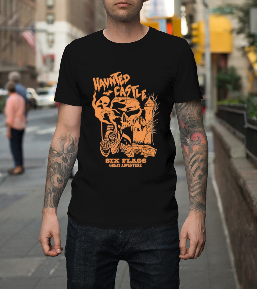 Six Flags Great Adventure Haunted Castle Enter If You Dare Spooky Skeleton And Ghosts T-Shirt