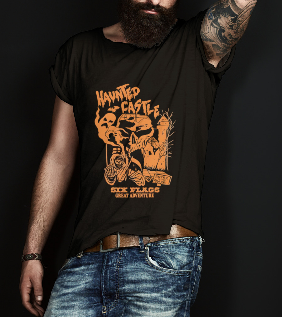Six Flags Great Adventure Haunted Castle Enter If You Dare Spooky Skeleton And Ghosts T-Shirt