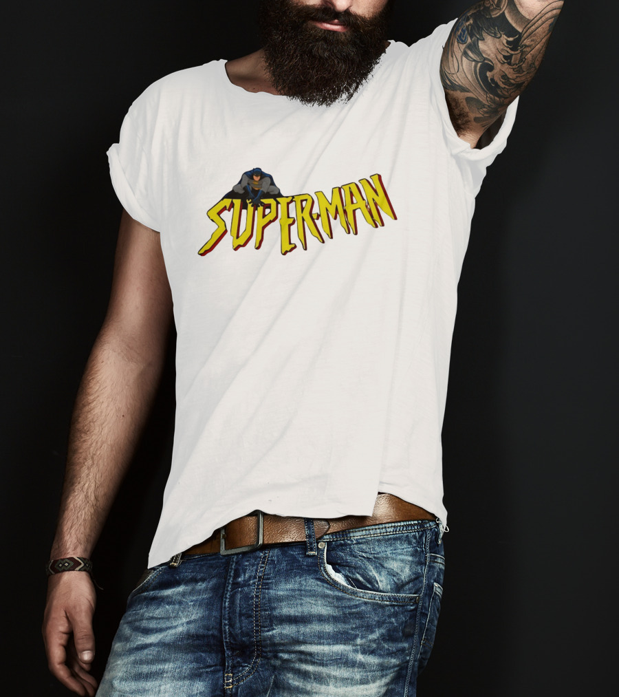 Batman Crouching On Superman Lettering DC Comics T-Shirt