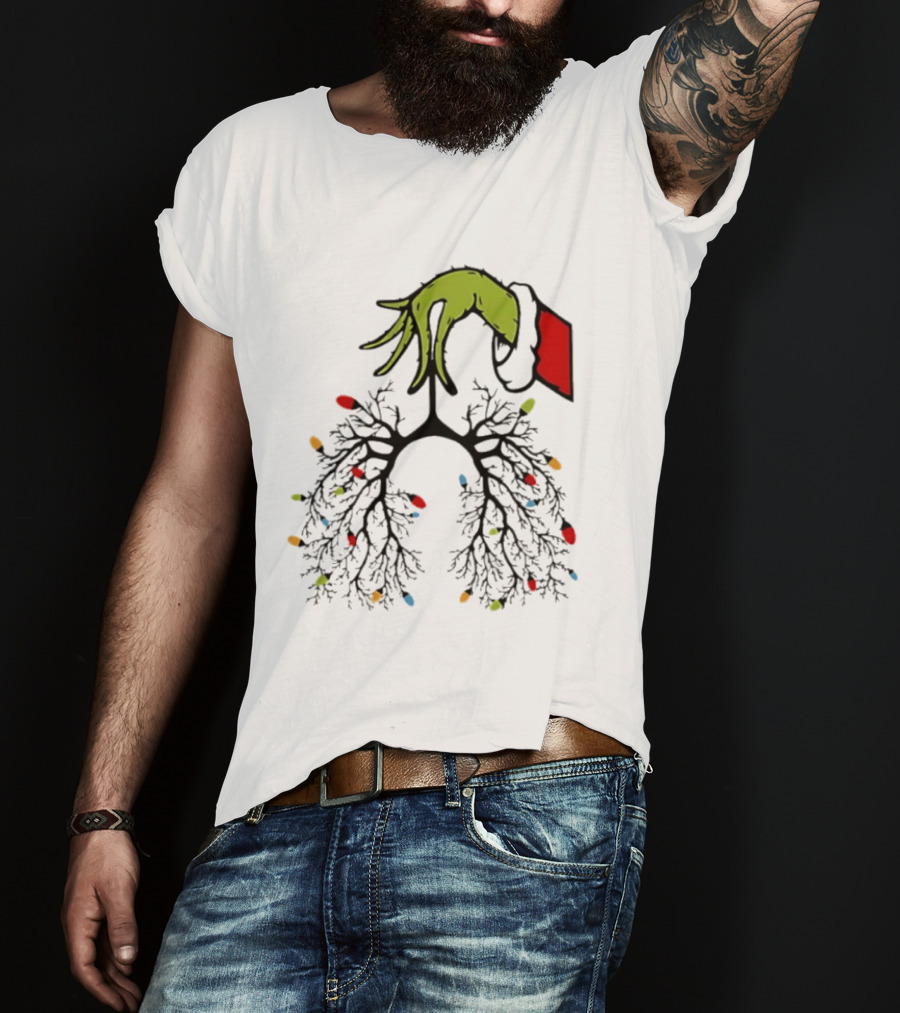 Christmas 2025 Nurse Lungs With Lights And Green Hand Santa Sleeve T-Shirt