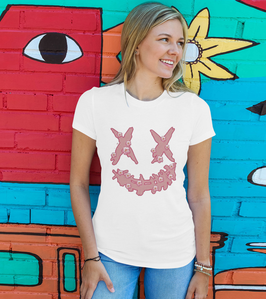 Kaos Ric Ricky Is Clown Sakura Pink Embroidery With Floral X Smiley T-Shirt