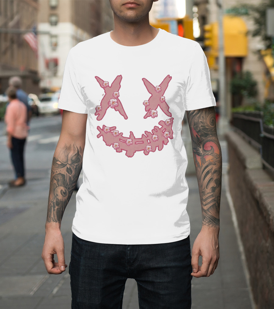 Kaos Ric Ricky Is Clown Sakura Pink Embroidery With Floral X Smiley T-Shirt