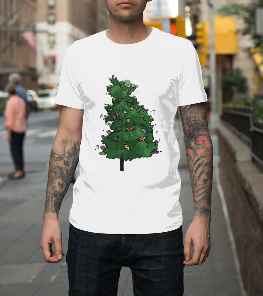 Colorful Singing Birds In Evergreen Tree With Musical Notes T-Shirt