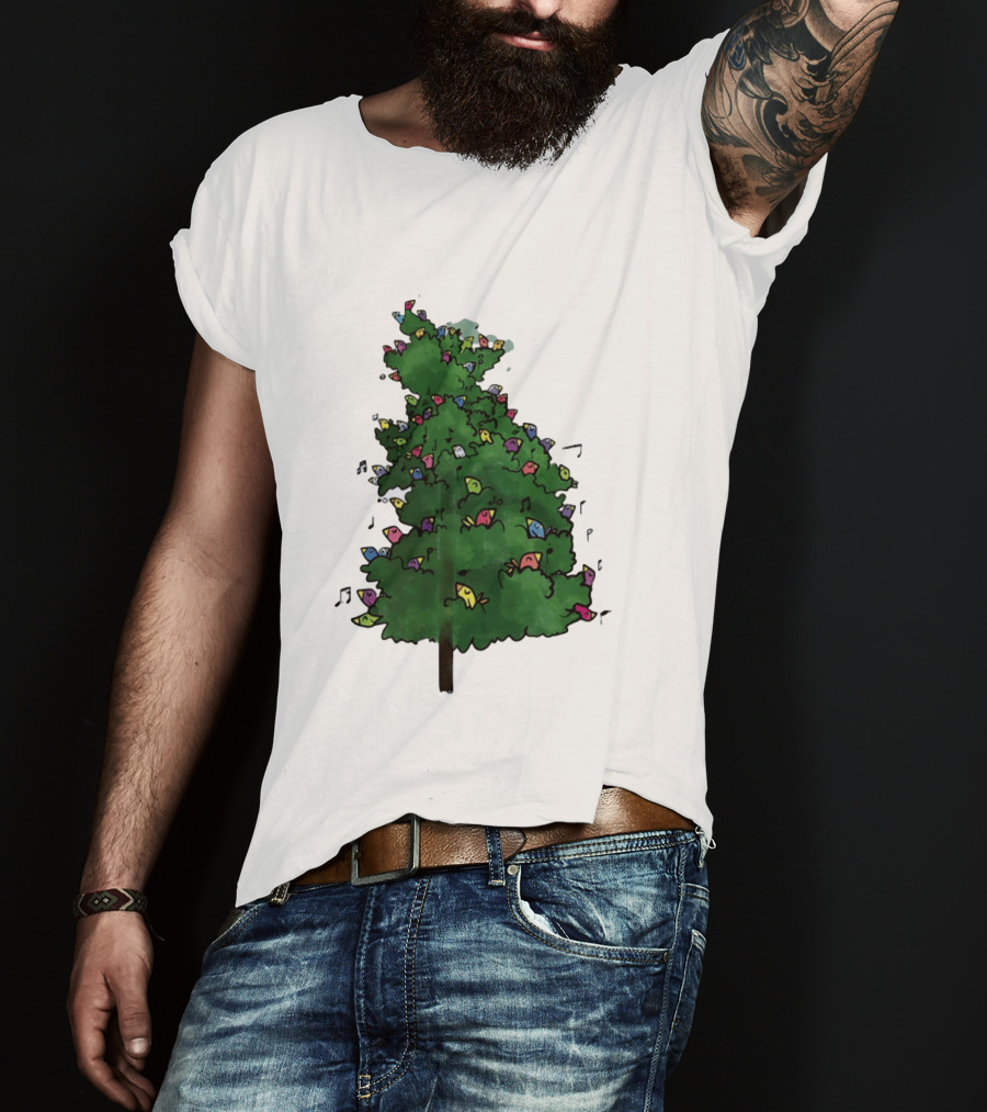 Colorful Singing Birds In Evergreen Tree With Musical Notes T-Shirt