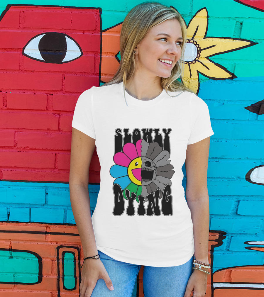 Slowly Dying Colorful Flower Skull Dark Half Happy Half Grim T-Shirt