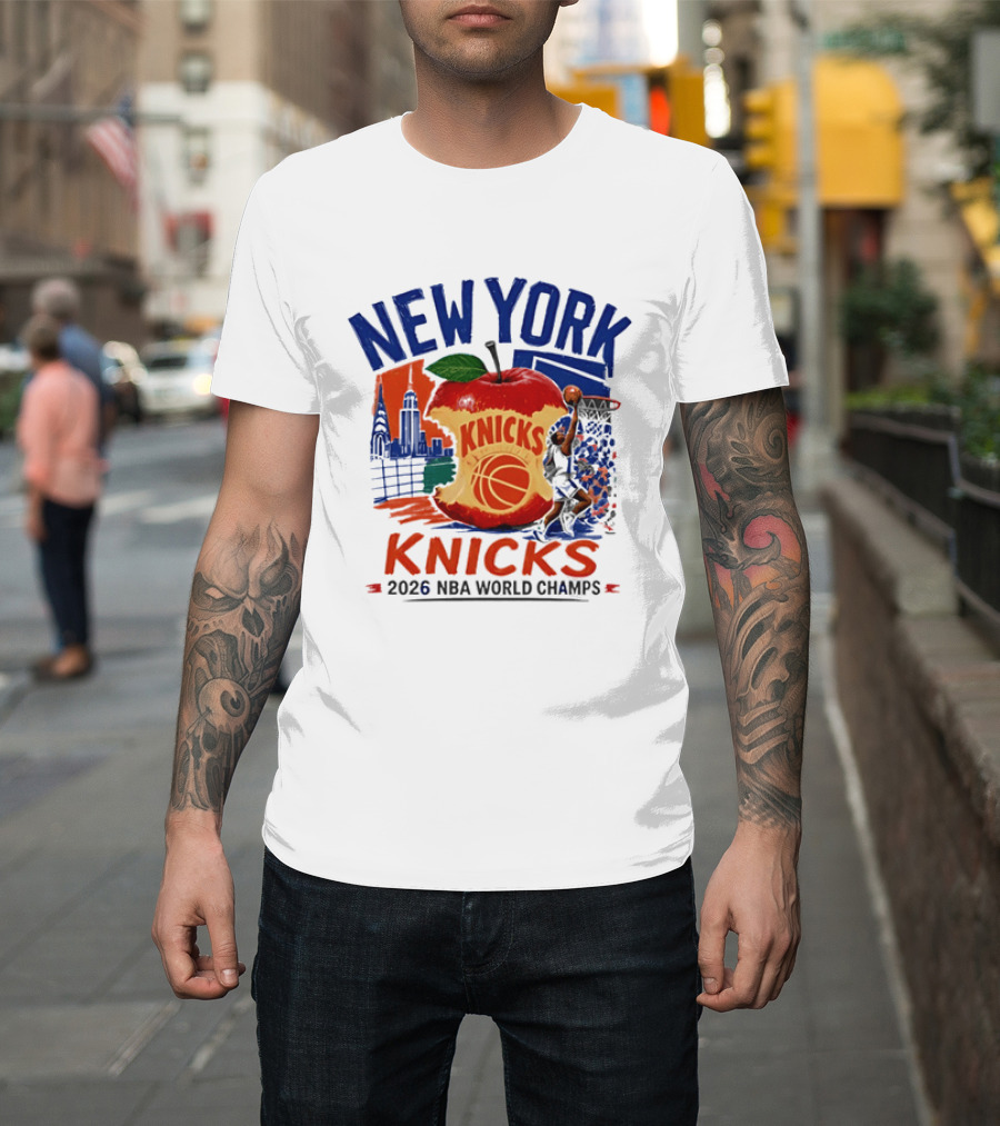 New York Knicks 2026 NBA World Champs Skyline Apple Basketball T-Shirt
