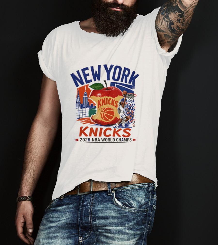 New York Knicks 2026 NBA World Champs Skyline Apple Basketball T-Shirt