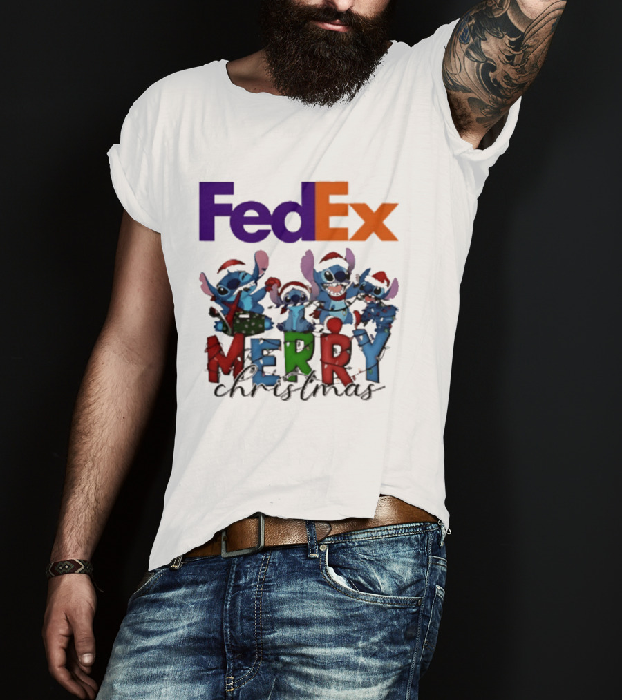 FedEx Stitch Merry Christmas 2025 Characters In Santa Hats T-Shirt