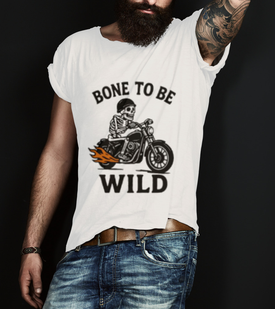 Bone To Be Wild Skeleton Motorcycle Rider Flames T-Shirt