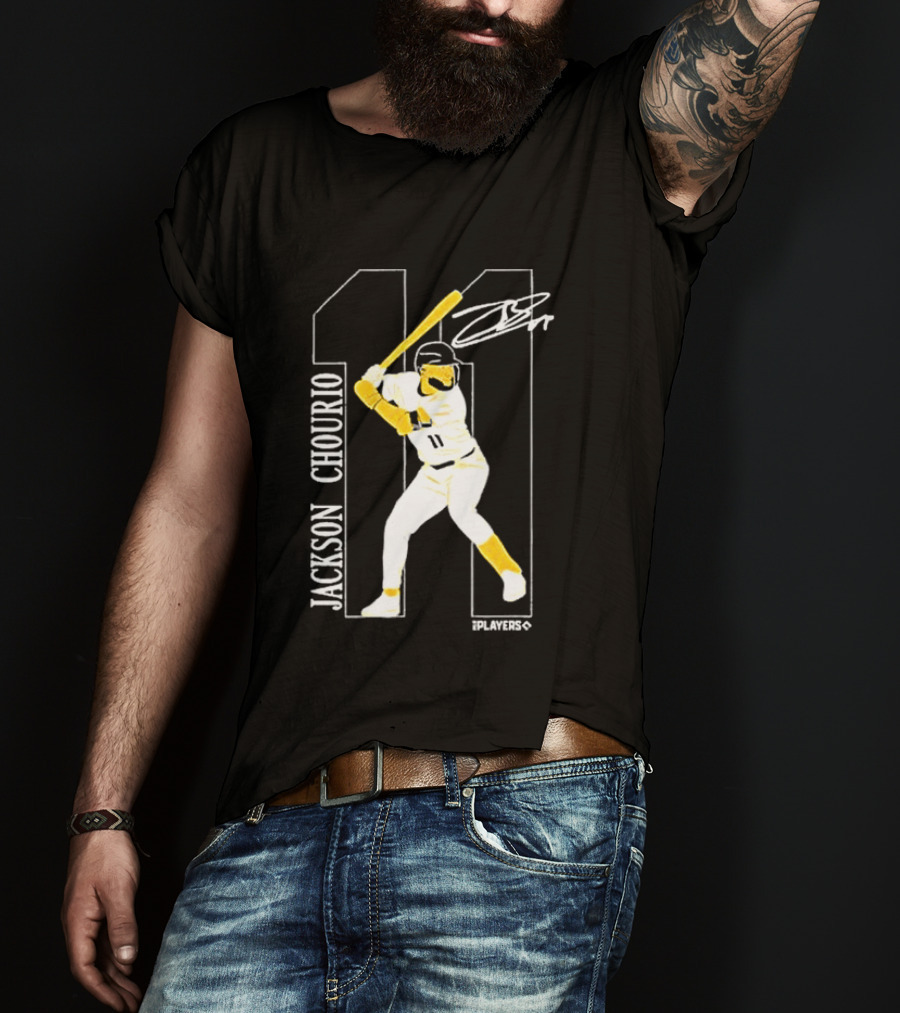 Jackson Chourio Brewers 11 Batting Pose Signature T-Shirt