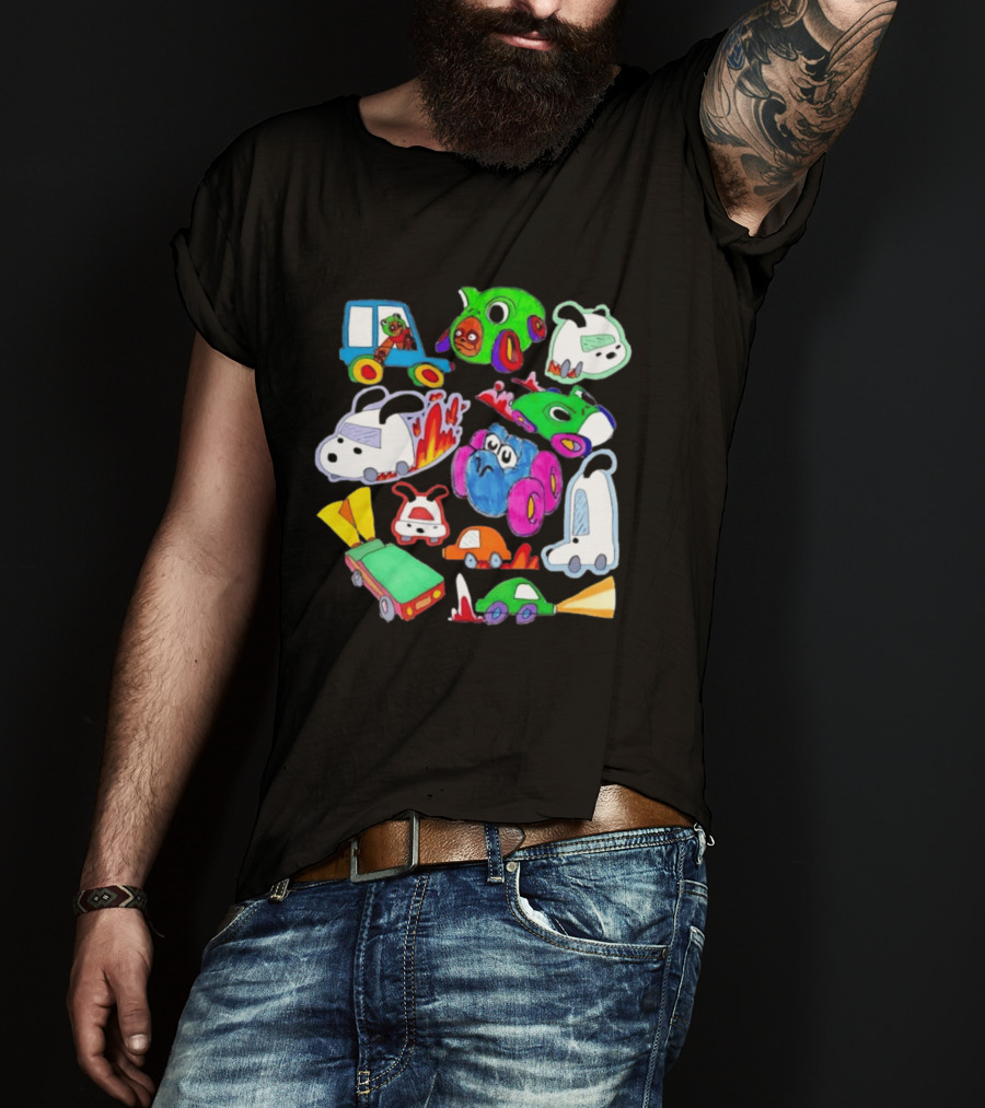 Colorful Cartoon Animal Toy Cars With Rocket Exhaust And Flames Racing Sketch T-Shirt
