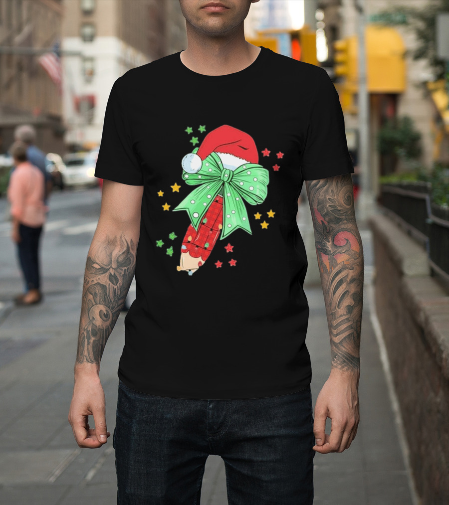 Christmas Elf Pen Candy Cane With Green Bow And Santa Hat T-Shirt