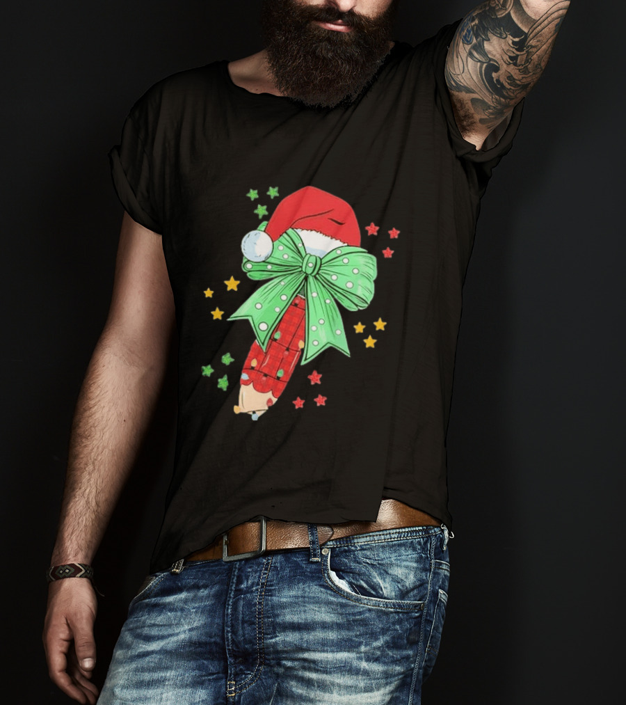 Christmas Elf Pen Candy Cane With Green Bow And Santa Hat T-Shirt