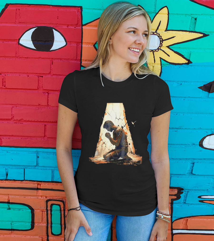 Man Kneeling In Prayer Spiritual Faith Devotion Cracked Wall And Light T-Shirt