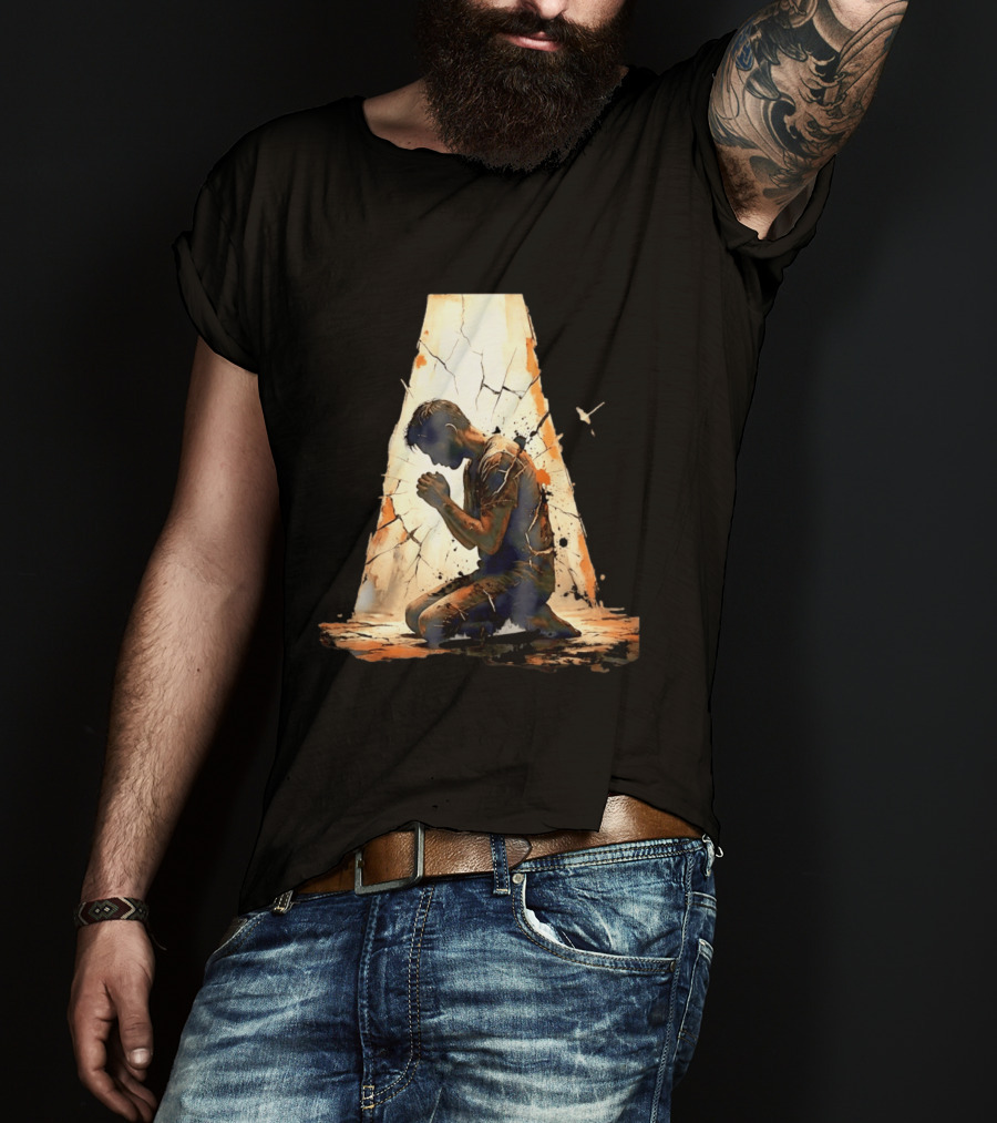 Man Kneeling In Prayer Spiritual Faith Devotion Cracked Wall And Light T-Shirt