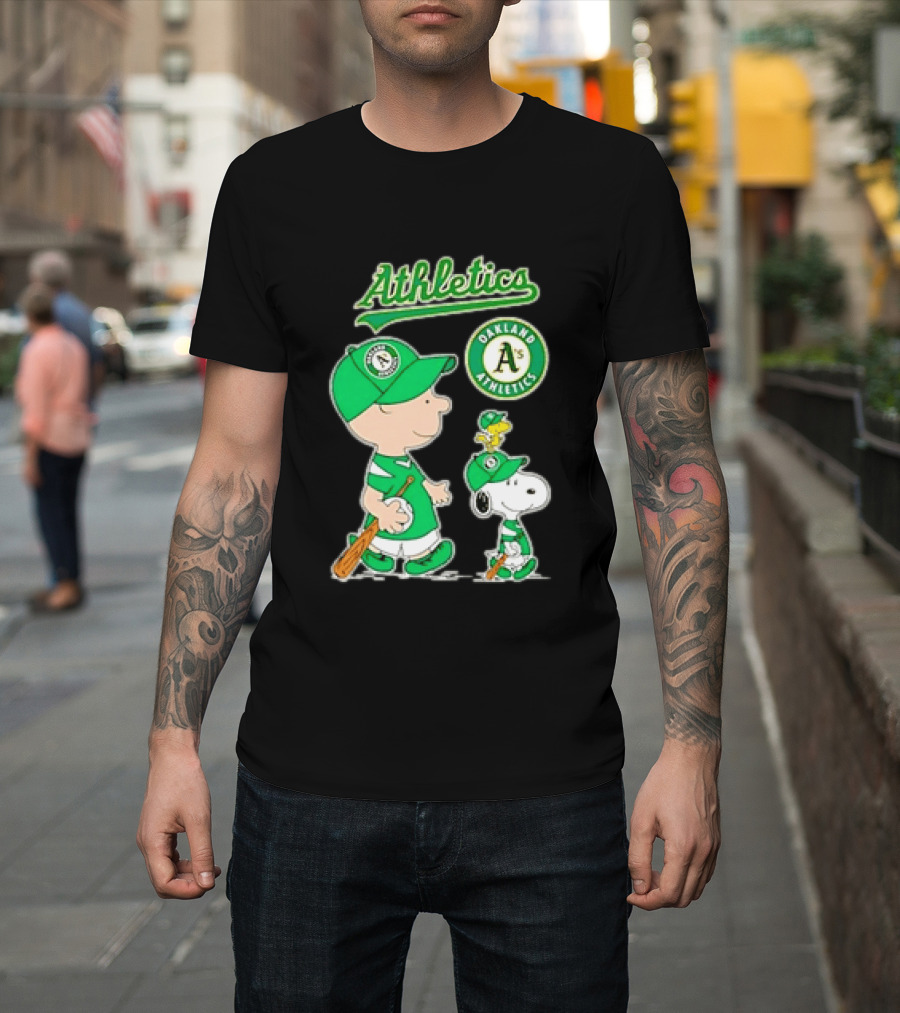 Oakland Athletics MLB Charlie Brown Snoopy Woodstock Baseball Peanuts Characters T-Shirt