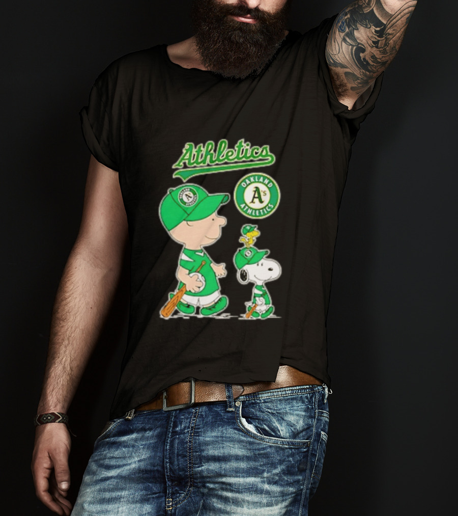 Oakland Athletics MLB Charlie Brown Snoopy Woodstock Baseball Peanuts Characters T-Shirt
